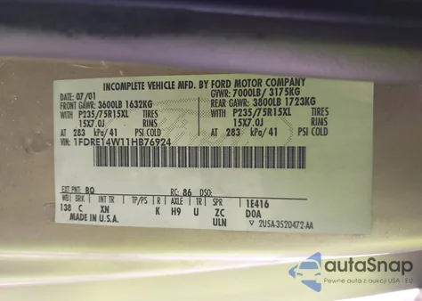 2001 Ford Econoline E150 Van из США, поврежденный, VIN 1FDRE14WT11B7694